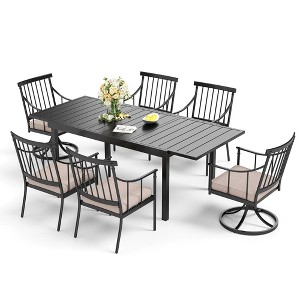 Captiva Designs 7pc Patio Wood-look Slat-top Steel Table with Umbrella Hole & Stylish Cushioned Arm Metal Chairs - 1 of 4