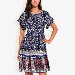 Anna-Kaci Women's Bohemian Floral Print Short Sleeve Swing Fashion Dress With Crew Neckline - 1 of 4