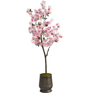 Nearly Natural 5.5-ft Cherry Blossom Artificial Tree in Ribbed Metal Planter - 1 of 4