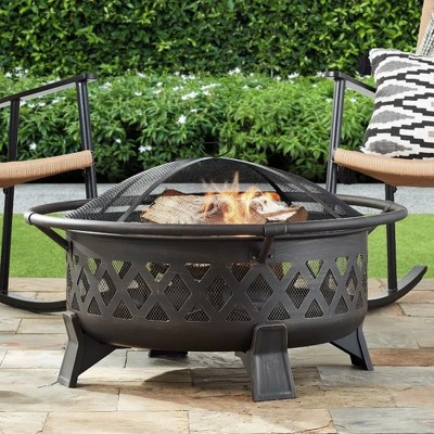 35-Inch Black Steel Round Lattice Fire Pit with Safety Ring
