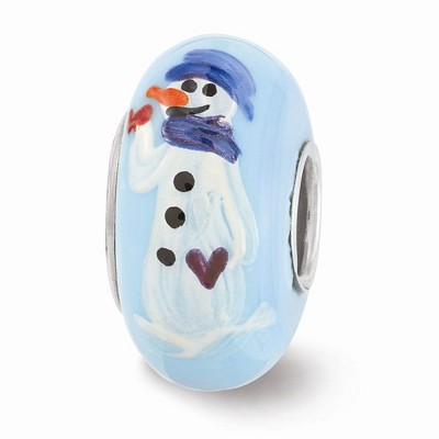 Black Bow Jewelry Fenton Blue Hand Painted Snowman Glass & Sterling Silver Bead Charm