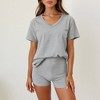 Knit & Lounge Women’s V Neck Lounge Set Stretch Jersey Short Sleeve Top Fitted High Waist Shorts Matching Set - 4 of 4