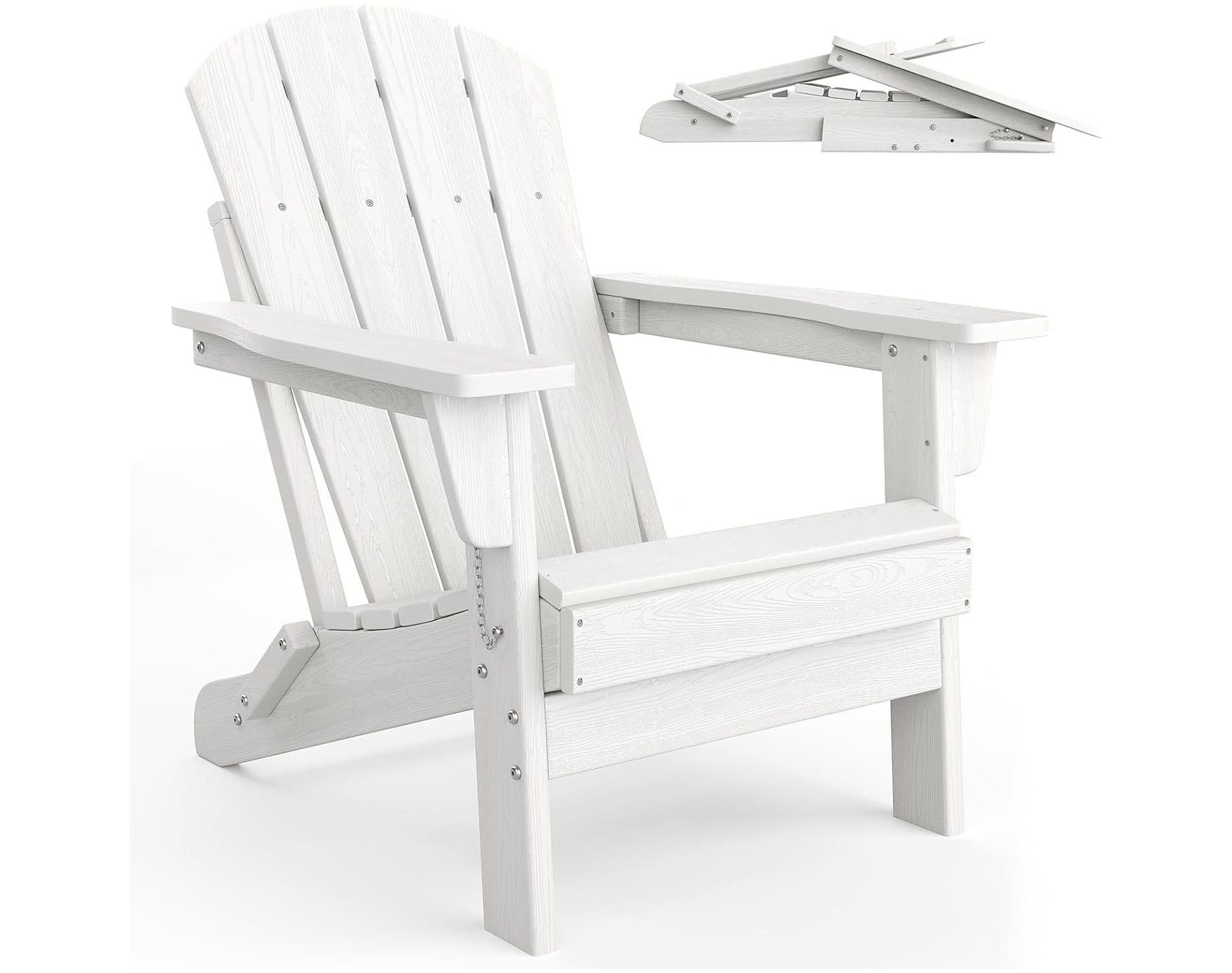 Folding Adirondack Chair–HDPE All-Weather Resistant Outdoor Patio Chair with Wood Texture,Ideal for Fire Pit,Poolside,White