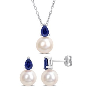 EVERLY JEWELRY | Sterling Silver 8.5-9 mm Cultured Freshwater Pearl and 2ct TGW Pear-Cut Created Blue Sapphire 2-Pcs Drop Necklace and Earrings Set - 1 of 4