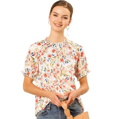 Allegra K Women's Ruffled Short Sleeve Floral Mock Neck Ruffle Tops ...