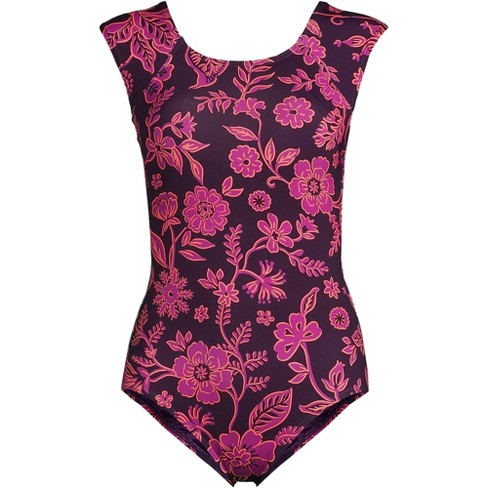 Lands' End Women's Long Chlorine Resistant Tummy Control Cap Sleeve X-Back  One Piece Swimsuit - 14 - Blackberry Ornate Floral