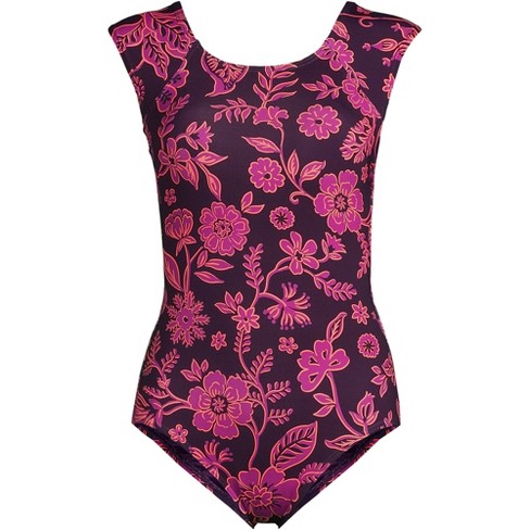 Lands' End Women's Plus Size Chlorine Resistant Tummy Control Cap Sleeve  X-back One Piece Swimsuit - 18w - Blackberry Ornate Floral : Target