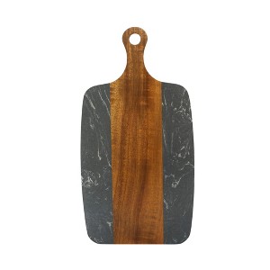 Slickblue 13.75” x 7.25” White/Black Marble & Acacia Wood Board - Reversible, Stylish Serving Board with Handles - 1 of 4