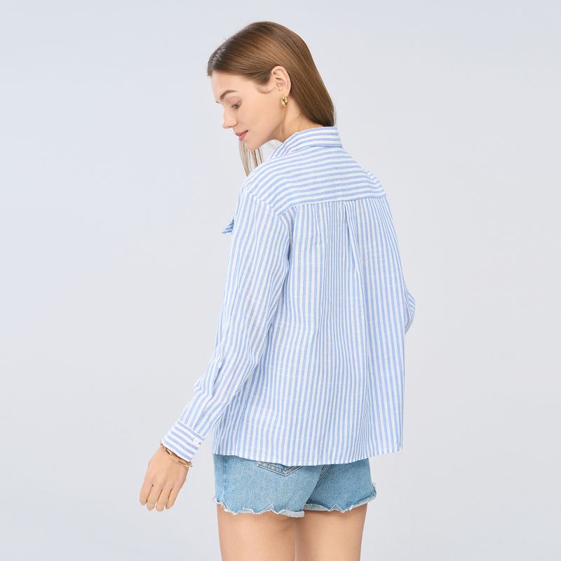 Women's Striped Flap Pocket Dropped Long Sleeve Shirt -Cupshe, 3 of 14