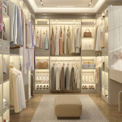 Aheaplus 58"Closet System with 3 Hanging Rods, Shelves, 2 Drawers and Shoe Rack