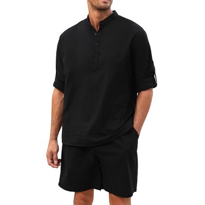 Men's 2 Pieces Cotton Linen Set Casual Long Sleeve Henley Shirts and Shorts Summer Matching Outfits