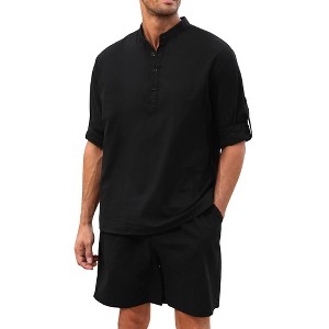 Men's 2 Pieces Cotton Linen Set Casual Long Sleeve Henley Shirts and Shorts Summer Matching Outfits - 1 of 4