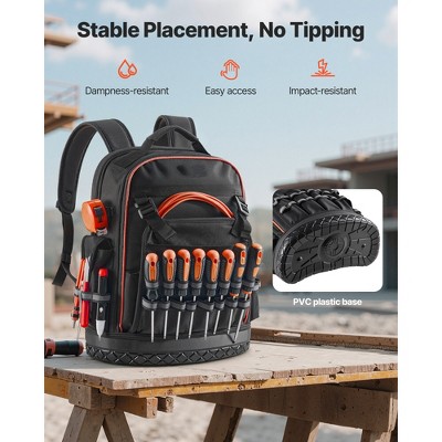 VEVOR Tool Backpack, 64 Pockets, Heavy-duty Tools Storage Organizer Work Bags with Laptop Compartment & Molded Base, Black+Orange — фото 6