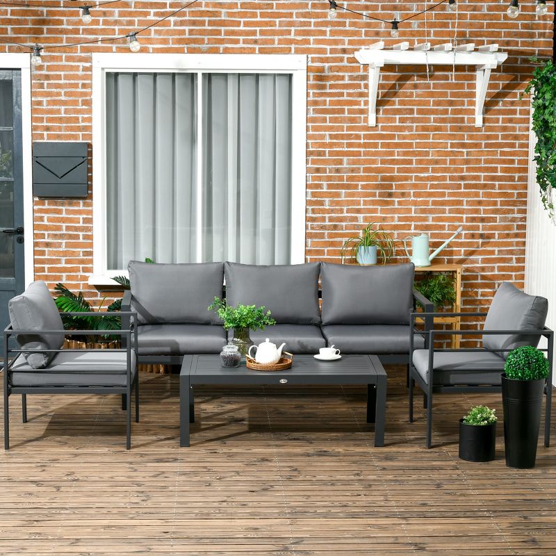 Outsunny Patio Furniture Set 4 Pieces, Outdoor Conversation Set with Water-Resistant Cushions, Coffee Table, 3-Seater Sofa, 2 Chairs for Porch, Gray, 3 of 7