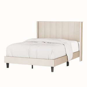 Bed Frame with Velvet Tufted Headboard, Wooden Slats Support Modern Platform Bed for Kids, Girls, Boys, No Spring Box Required (Beige) - 1 of 4