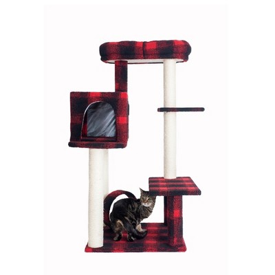 50-Inch Red and Black Plaid Sisal Cat Tree with Lounger