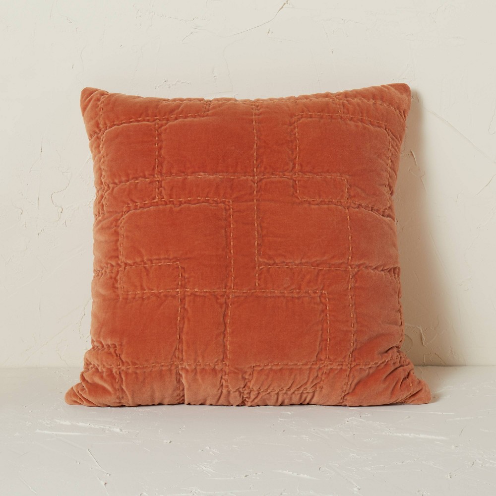 Quilted Cotton Velvet Square Throw Pillow Rust - Opalhouse designed with Jungalow