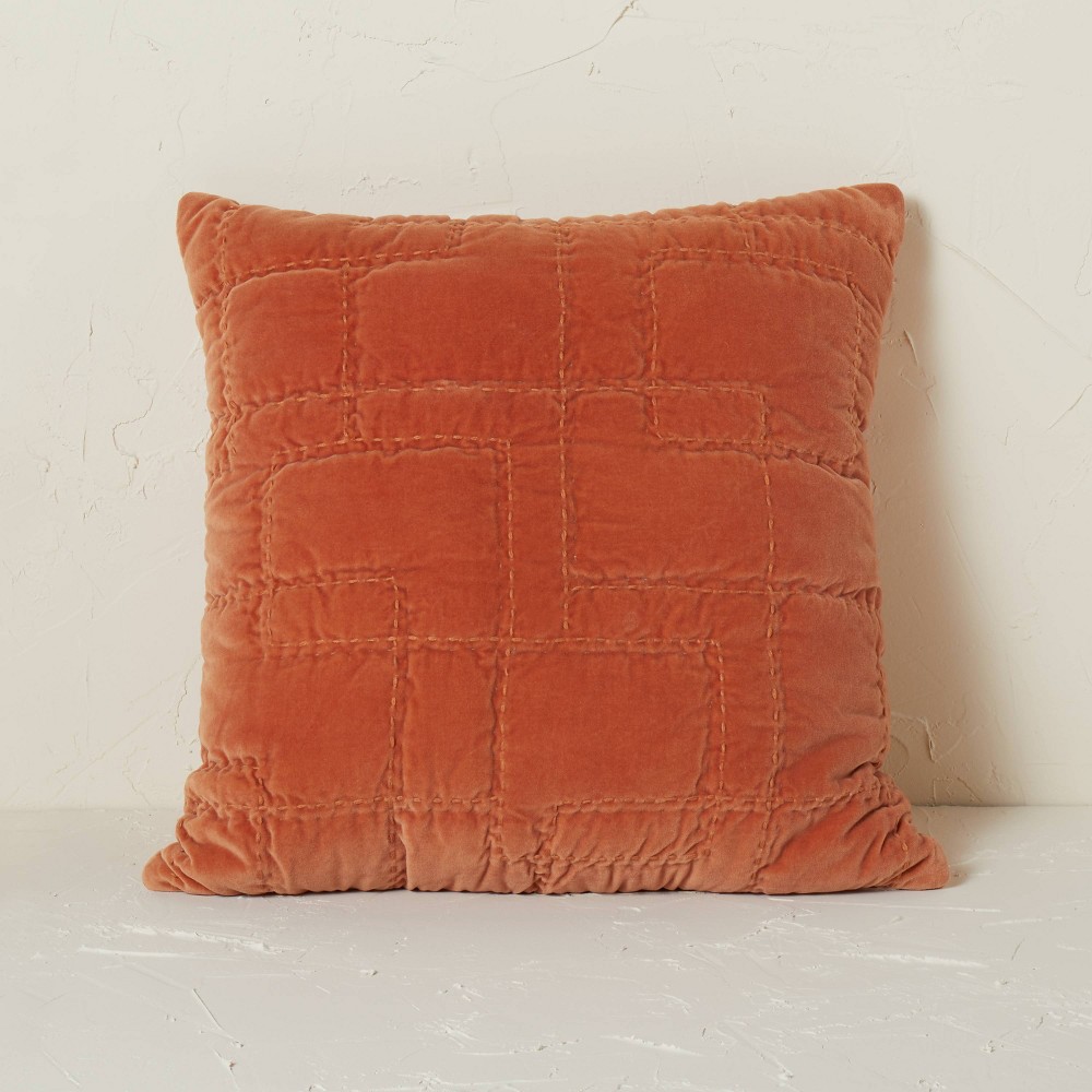 Quilted Cotton Velvet Square Throw Pillow Rust - Opalhouse designed with Jungalow