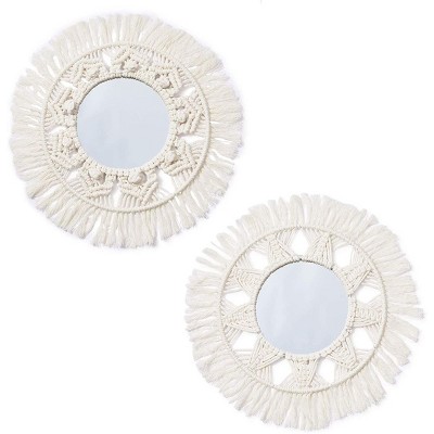Okuna Outpost 2 Pack Macrame Boho Wall Hanging Mirror for Home Decor, White, 13 In