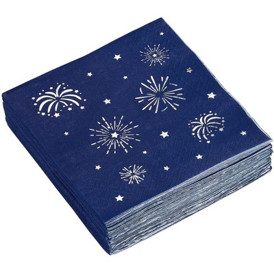 Blue Panda 50 Pack Cocktail Paper Napkins Decorative with Silver Fireworks, Patriotic Party Supplies, 5 x 5 In