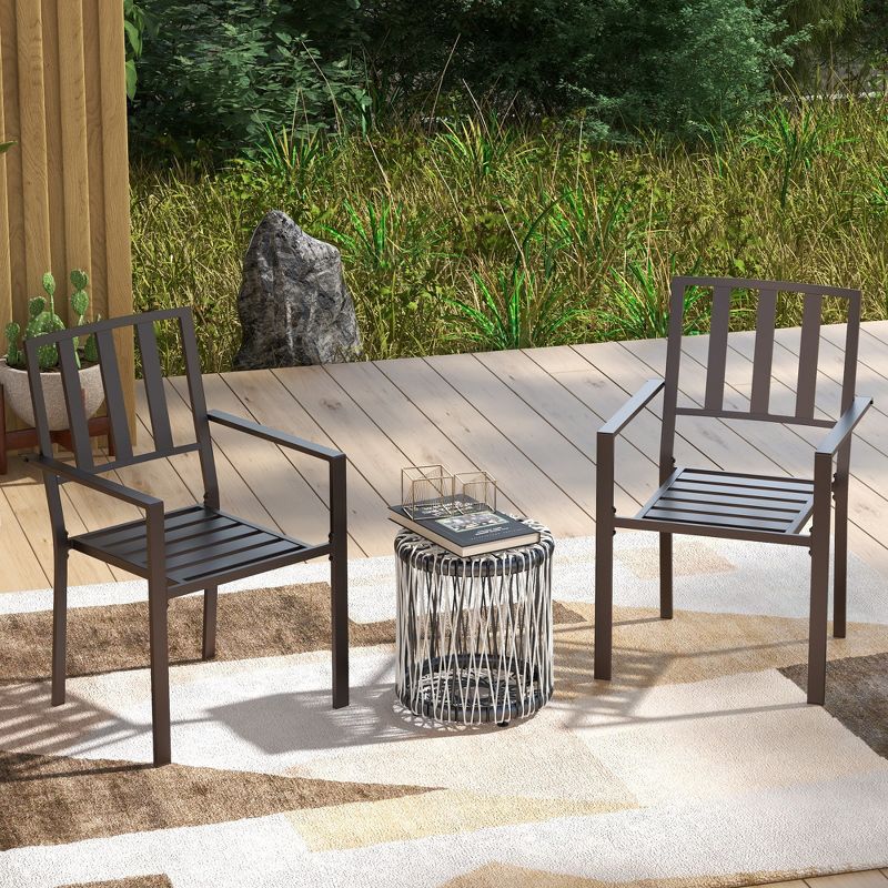 Outsunny Slatted Design Patio Dining Chairs, Set of 2 Stackable Garden Chairs, Dark Brown, 2 of 7