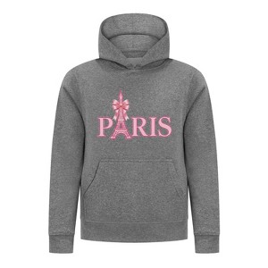 Everyday Kids Paris Bow Girls Pullover Hoodie – Pink Eiffel Tower City Graphic Sweatshirt - 1 of 4