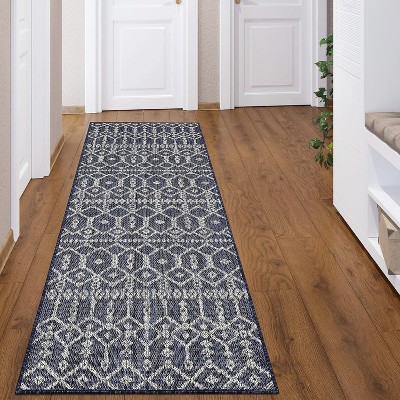 Geometric Patio Runner Rug Blue Indoor Outdoor Non Shedding Easy Clean Boho Floor Mat for RV Picnic Porch Deck Balcony