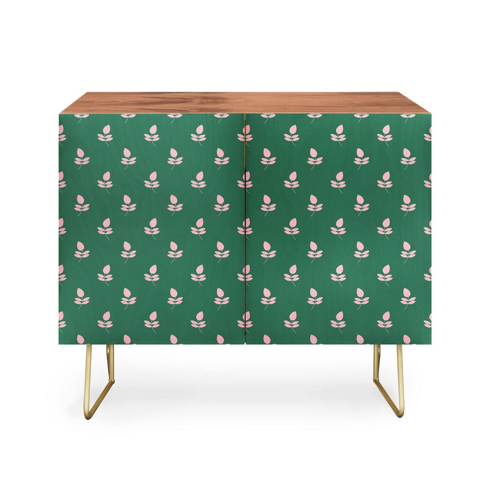 Maritza Lisa Retro Pink Leaf Pattern Credenza Walnut/Green/Gold - Deny Designs