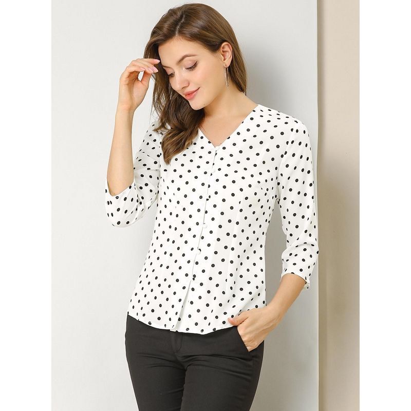 Allegra K Women's Polka Dots 3/4 Sleeve Casual Button Front Shirt, 4 of 8