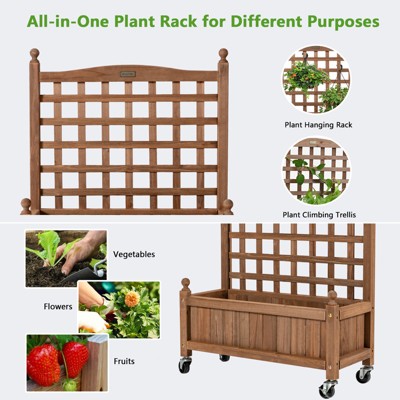 Natural Fir Wood Planter Box with Trellis and Wheels