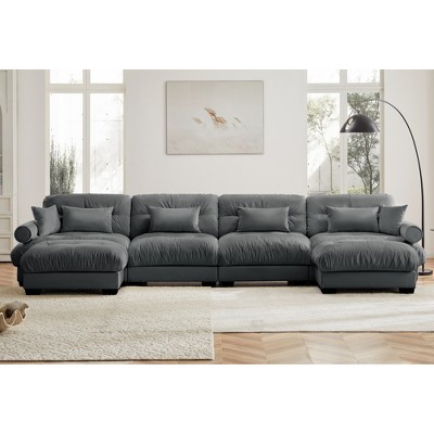 Aukfa Grey Velvet Large Sofa with Bolster Armrests, Waist & Throw Pillows – Modern Couch for Living Room, Bedroom or Office