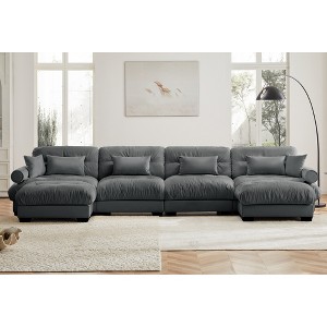 Aukfa Grey Velvet Large Sofa with Bolster Armrests, Waist & Throw Pillows – Modern Couch for Living Room, Bedroom or Office - 1 of 4