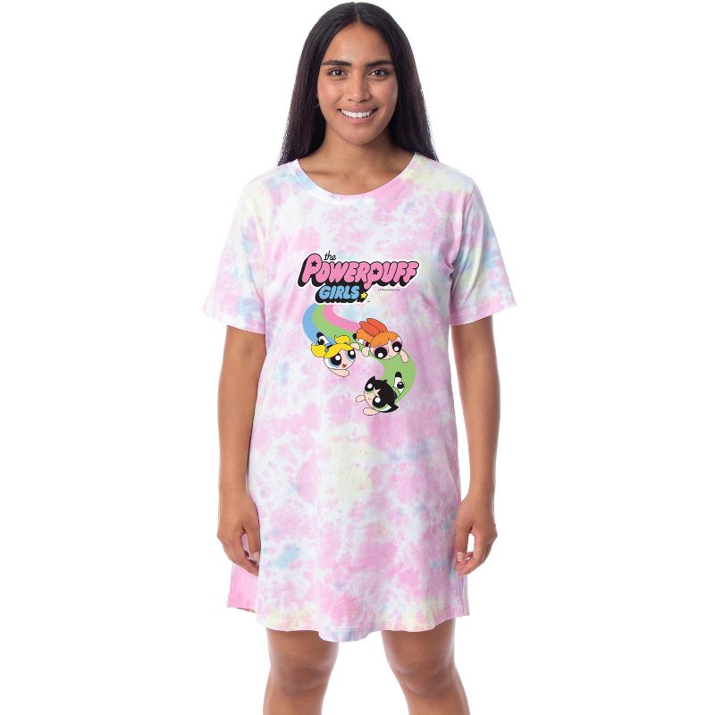 The Powerpuff Girls Women's TV Show Tie-Dye Nightgown Pajama Shirt Dress Multicolored, 1 of 5