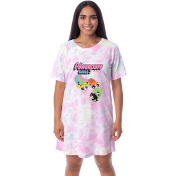 The Powerpuff Girls Women's TV Show Tie-Dye Nightgown Pajama Shirt Dress Multicolored