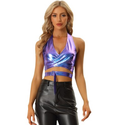 Allegra K Women's Metallic Halter Deep V Neck Backless Holographic Crop Tops