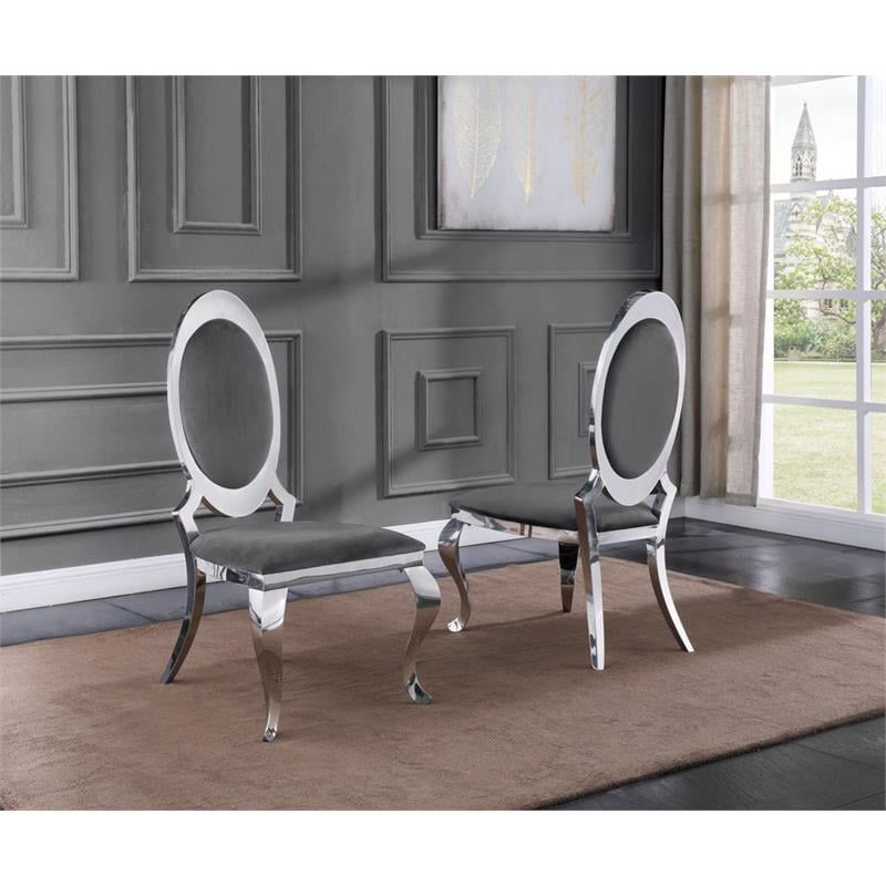Classy Round Back Dark Gray Velvet Side Chairs with Silver Legs (Set of 2), 2 of 3