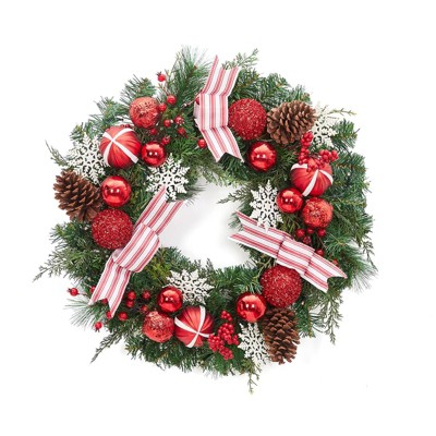 4 in Artificial Pre-Lit Christmas Wreath, Xmas Wreath with Striped Bows, 20 LED Lights, Battery Operated