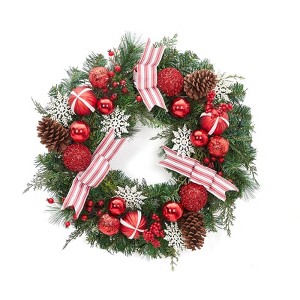 4 in Artificial Pre-Lit Christmas Wreath, Xmas Wreath with Striped Bows, 20 LED Lights, Battery Operated - 1 of 4