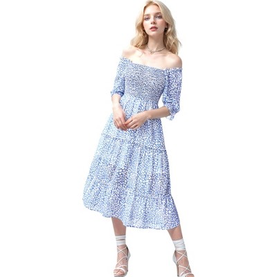 Anna-Kaci Women's Square Neck Puffed Short Sleeve Leopard Print Tiered Midi Dress