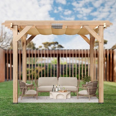 10x12 FT Outdoor Cedar Pergola, Wooden Patio Gazebo with Retractable Oxford Fabric Canopy, Durable Shade Shelter for Backyard, Deck, Lawn