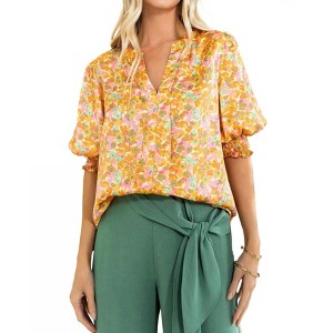 Women's Satin V-neck Front Pleats & Smocked Hem - Oddi - 1 of 2