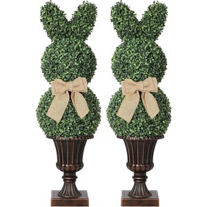 38" Artificial Rabbit Topiary, UV Resistant Faux Plant w/ Beige Bow, Green Decorative Animal Topiary for Indoor Outdoor Porch - 1 of 4