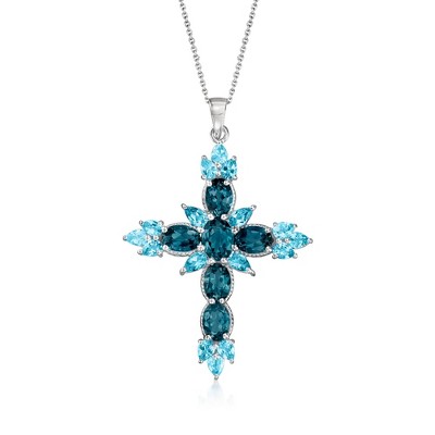 Ross-Simons 7.10 ct. t.w. London and Swiss Blue Topaz Cross Pendant Necklace in Sterling Silver Size 18