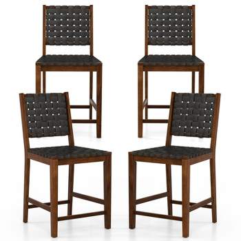 Tangkula Faux Leather Woven Bar Stools Set of 2/4 24 Inch Counter Height Bar Chairs with High Backrest Footrest