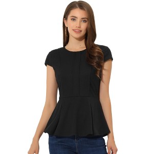INSPIRE CHIC Women's Elegant Round Neck Cap Sleeve Solid Color Peplum Blouses - 1 of 4
