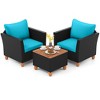 Costway 3PCS Patio Rattan Furniture Set Cushioned Sofa Storage Table with Wood Top Red/Black - 2 of 4