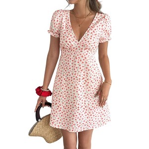 princess polly baby blue dress Beach Dresses for Women Floral Print V-Neck Puff Sleeve Boho Empire Waist Summer  Casual Vacation Dress Red M : Target