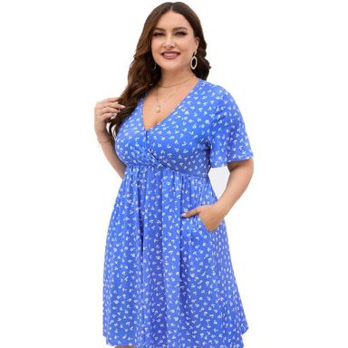 Clearlove Plus Size Dresses for Curvy Women Floral Sleeves Tiered Layers Casual Mini Dress with Pocket - Blue flower,X Large