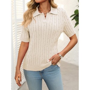 Womens Collar V Neck Pullover Sweater Short Sleeve Lightweight Summer Casual Knit Sweater Tops - 1 of 4