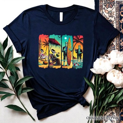 Frankenstein's Beach Vacation T-Shirt, Retro Neon Surf Style Tee for Horror Fans with Summer Vibes| OrnamentallyYou